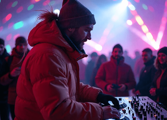 Profesionalus DJ groja renginyje, kurdamas puikią atmosferą su kokybiška garso įranga.