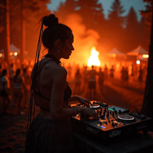 DJ groja šventėje, sukuriantis gyvą atmosferą su muzika ir bendraujant su publika.
