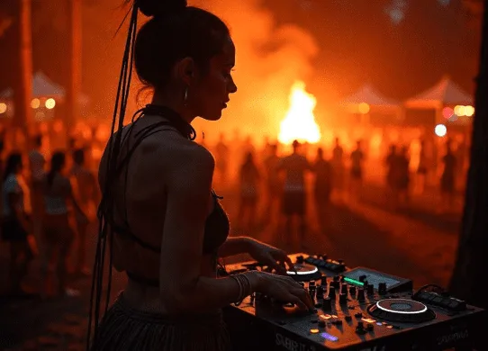 DJ groja šventėje, sukuriantis gyvą atmosferą su muzika ir bendraujant su publika.