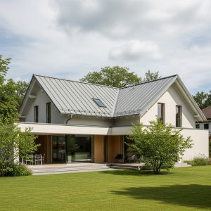 Klasikinė stogo danga ant šiuolaikiško gyvenamojo namo, išryškinanti estetiką ir ilgaamžiškumą