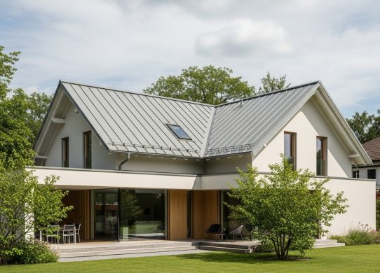 Klasikinė stogo danga ant šiuolaikiško gyvenamojo namo, išryškinanti estetiką ir ilgaamžiškumą