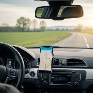 Išmaniojo telefono laikiklis automobilyje su matomu navigacijos žemėlapiu, vairuotojo akimis.