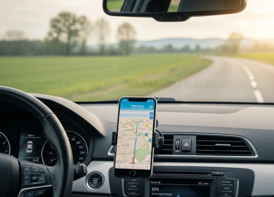 Išmaniojo telefono laikiklis automobilyje su matomu navigacijos žemėlapiu, vairuotojo akimis.